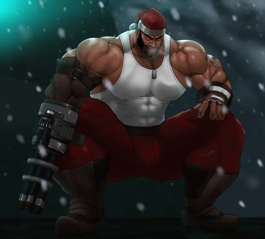 Image clothing,solo,male,penis,muscular,male_only,yaoi,balls,spread_legs,bara,bulge,flaccid,final_fantasy,final_fantasy_vii,squatting,solo_male,beard,muscles,facial_hair,barret_wallace,dark_male_only,hitenmaru
