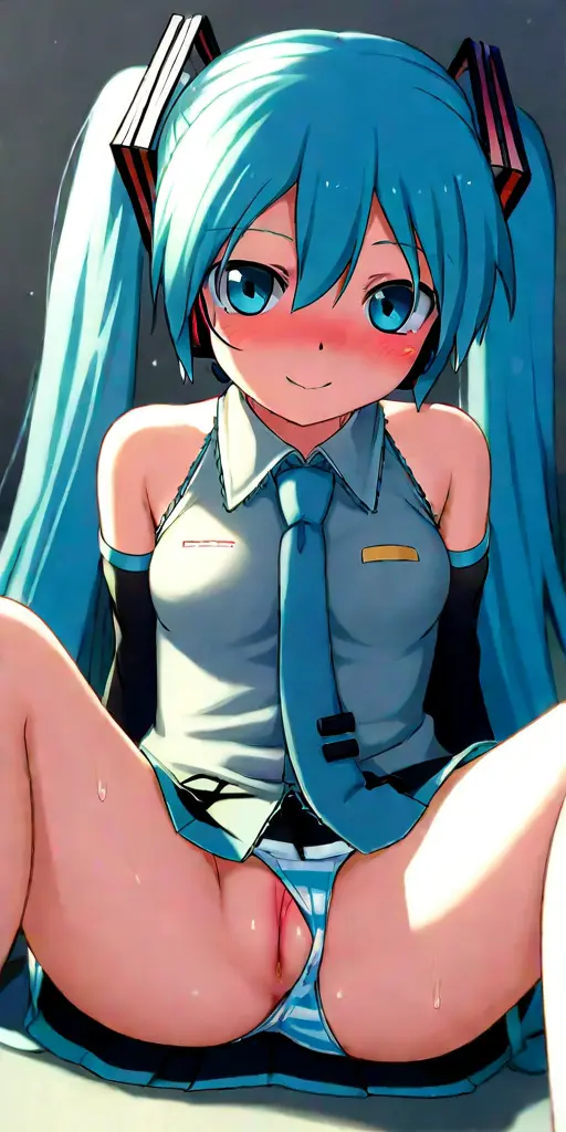 Image female,blue_eyes,blue_hair,pussy,ai_generated,stable_diffusion,pussy_juice,hatsune_miku,vocaloid