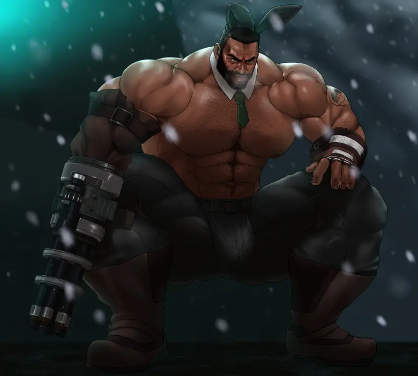 Image clothing,solo,male,penis,muscular,male_only,yaoi,balls,spread_legs,bunny_ears,bara,bulge,flaccid,final_fantasy,final_fantasy_vii,squatting,solo_male,beard,muscles,facial_hair,shirtless,barret_wallace,dark_male_only,hitenmaru