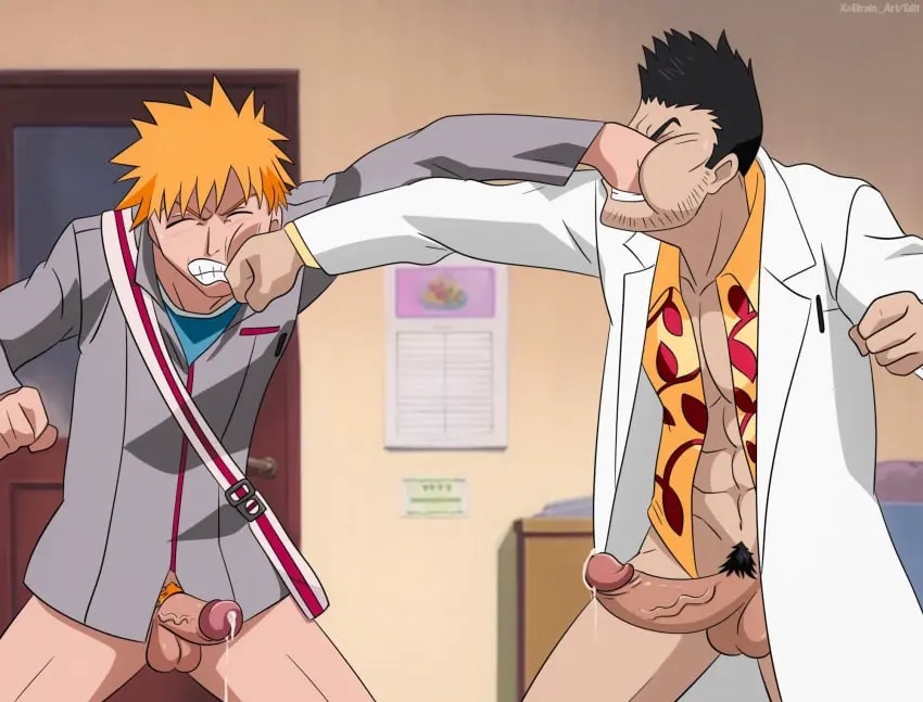 Image male,male_only,yaoi,gay,bleach,edit,father,father_and_son,ichigo_kurosaki,kurosaki_ichigo,ef_drawings,fight_boner,isshin_kurosaki,kurosaki_isshin
