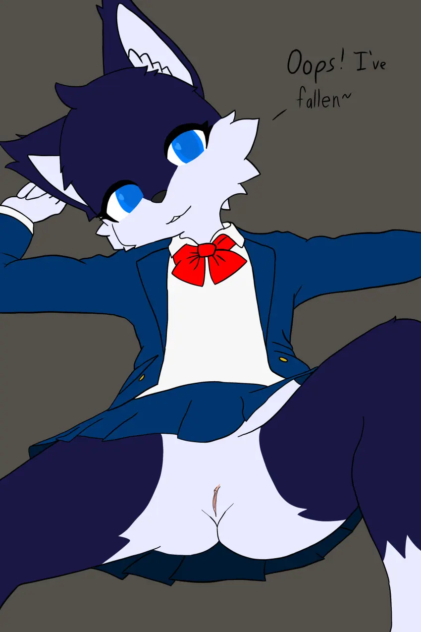 Image clothed,clothing,female,hi_res,looking_at_viewer,shirt,smile,solo,blue_eyes,lying,on_back,white_clothing,anthro,text,absurd_res,school_uniform,skirt,fur,mammal,dialogue,white_shirt,feline,blue_body,white_body,necktie,blue_skirt,blue_fur,topwear,uniform,white_fur,felid,domestic_cat,felis,bottomwear,blue_bottomwear,blue_clothing,white_topwear,blue_topwear,vest,upskirt,red_necktie,no_underwear,hikaridraws,blue_vest,button_(fastener),hikari_(hikaridraws),yellow_button