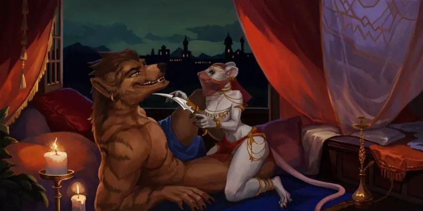 Image breasts, clothed, clothing, female, hi_res, nipples, male, pussy, duo, kneeling, digital_media_(artwork), digital_painting_(artwork), jewelry, male/female, size_difference, anthro, bed, night, curtains, fur, genitals, mammal, black_eyes, skimpy, white_body, pillow, anthro_only, window, weapon, murid, furniture, white_fur, anklet, larger_male, mostly_nude, murine, rat, rodent, stripes, bottomwear, city, smaller_female, melee_weapon, translucent, striped_body, striped_fur, translucent_clothing, candle, hyena, threatening, cityscape, bangle, hookah, loincloth, veil, ineffective_clothing, harem_outfit, dagger, convenient_censorship, ratfolk, gnoll, erection_under_blanket, chucklefuck, martiros, zeth_(noxiis)