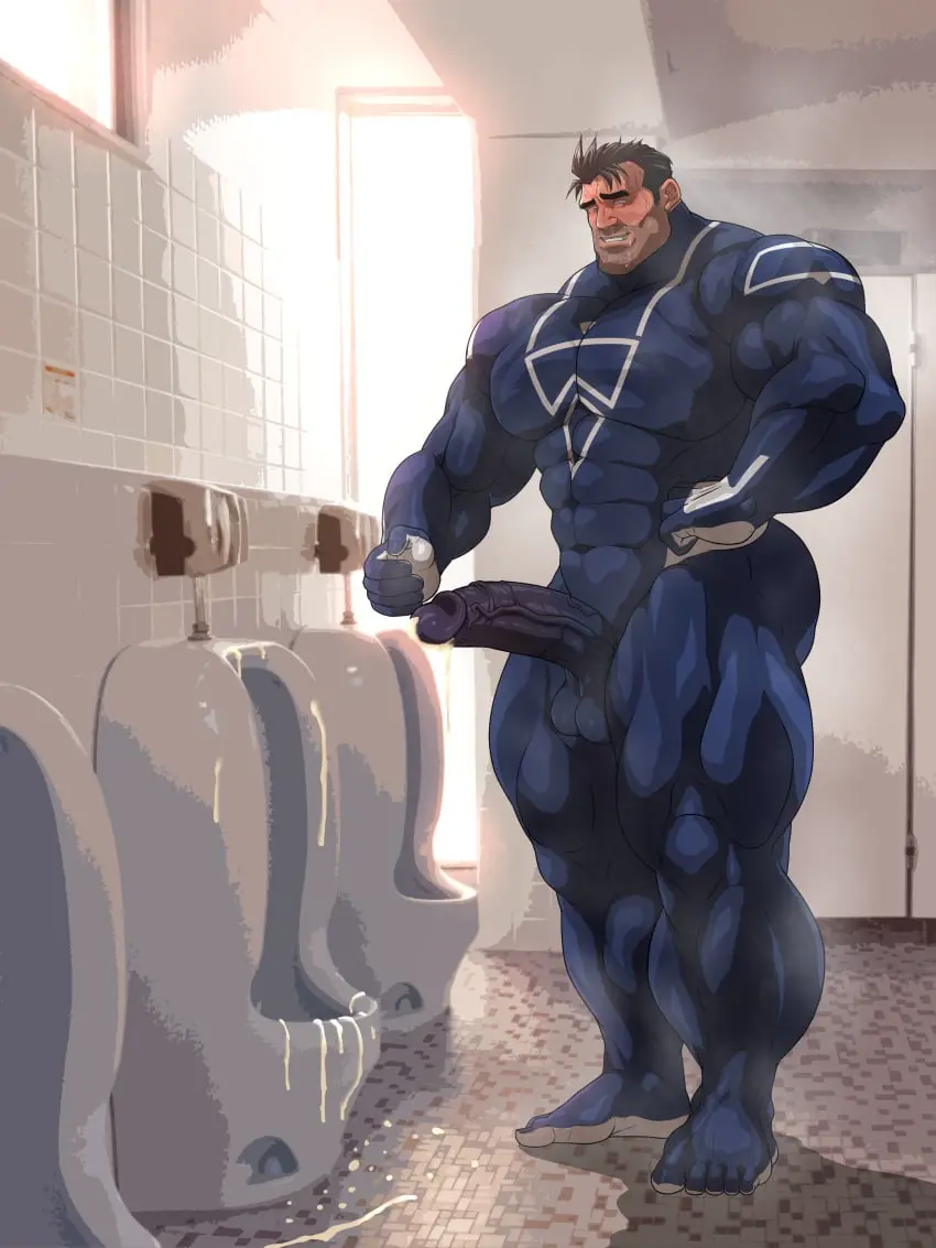 Image solo,cum,male,penis,sweat,big_penis,erection,muscular,male_only,yaoi,balls,bara,erection_under_clothes,sweating,solo_male,boner,muscles,costume,cum_through_clothes,after_orgasm,musk,urinal,hitenmaru