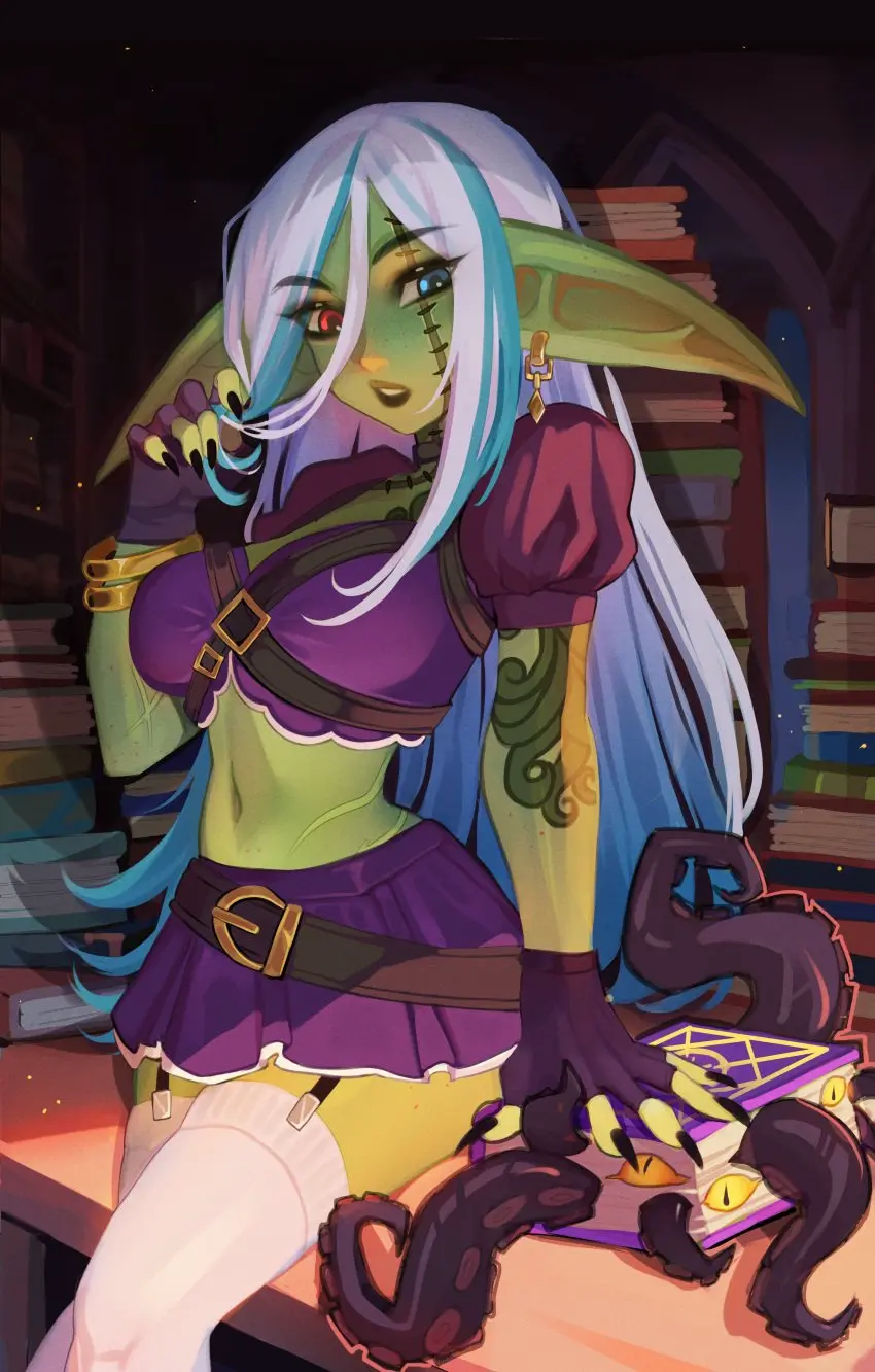 Image 1girls,clothing,female,female_only,long_hair,looking_at_viewer,red_eyes,solo,white_hair,blue_eyes,blue_hair,white_legwear,two_tone_hair,tattoo,tattooed_arm,green_skin,pointy_ears,absurd_res,tentacle,heterochromia,black_fingernails,legwear,fingerless_gloves,big_ears,scar,book,garter_straps,sharp_fingernails,goblin,goblin_female,scar_across_eye,maewix1