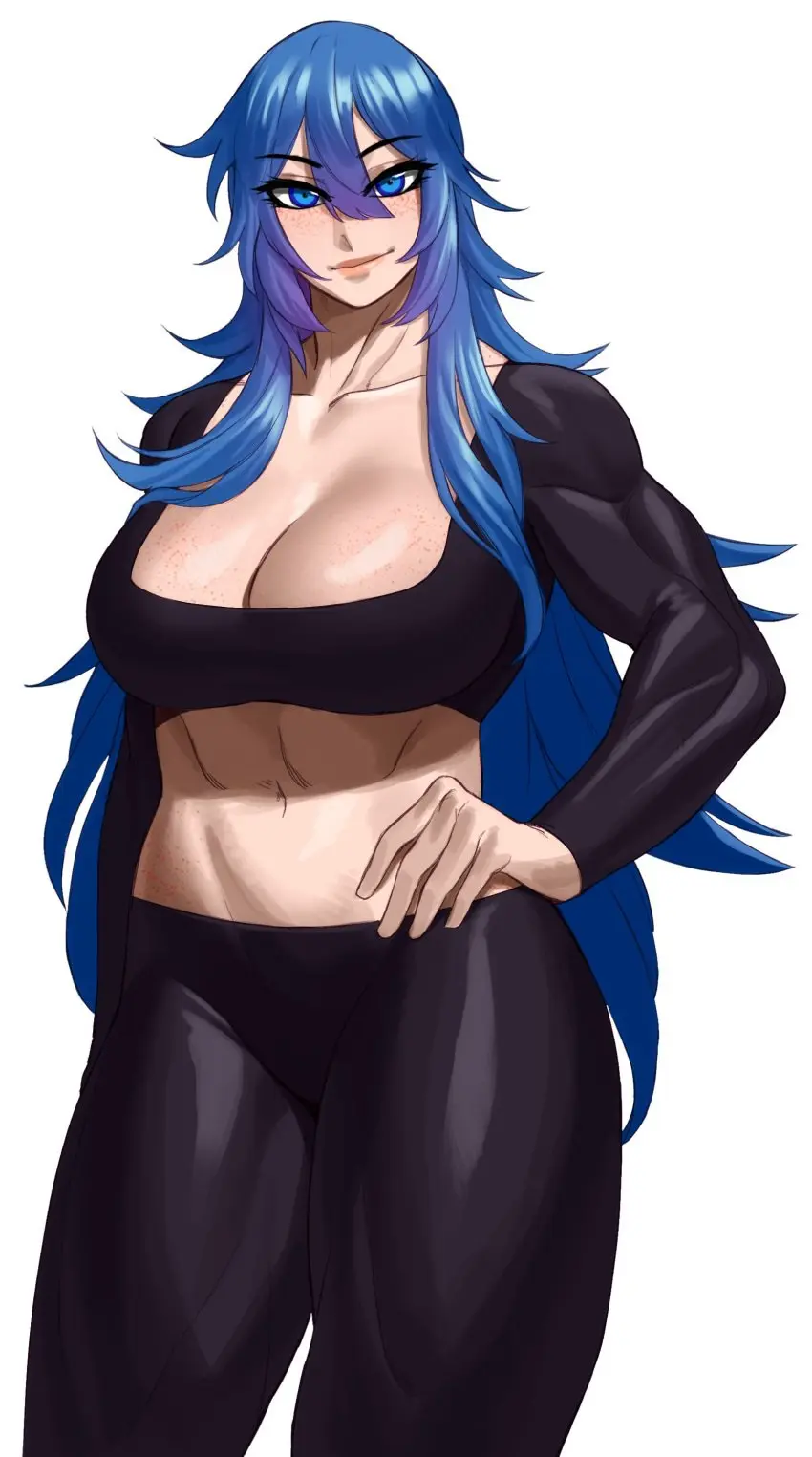 Image 1girls, big_breasts, breasts, clothing, female, female_only, highres, large_breasts, long_hair, long_sleeves, looking_at_viewer, pants, shirt, simple_background, smile, solo, white_background, absurdres, bangs, blue_eyes, blue_hair, navel, sidelocks, freckles, smiling_at_viewer, cleavage, eyelashes, midriff, parted_lips, original, original_character, hand_on_hip, hand_on_own_hip, tight_clothing, commission, bangs_over_one_eye, crop_top, black_pants, black_shirt, messy_hair, tight_clothes, very_high_resolution, tight_pants, blue_eyes_female, blue_hair_female, bangs_over_eyes, bangs_between_eyes, tight_top, long_sidelocks, sotcho, tight_topwear