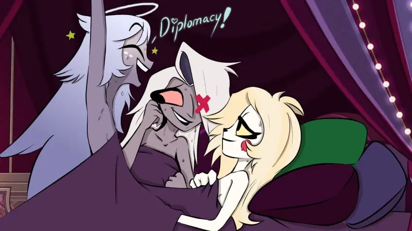 Image female,smile,threesome,happy,after_sex,dialogue,yuri,hazbin_hotel,wholesome,charlie_morningstar_(hazbin_hotel),vaggie_(hazbin_hotel),under_blanket,under_covers,emily_(hazbin_hotel),aval0nx,recolored