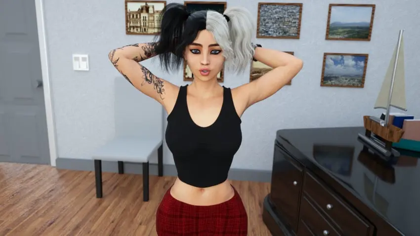 Image looking_at_viewer,white_hair,black_hair,blue_eyes,seductive,seductive_look,tattoo,tattooed_arm,piercing,3d,pov,pov_eye_contact,twintails,skirt,sleeveless_shirt,seducing,dyed_hair,chair,black_shirt,tattoos,pierced_nose,plaid_skirt,cindy_(milfy_city),icstor,milfy_city