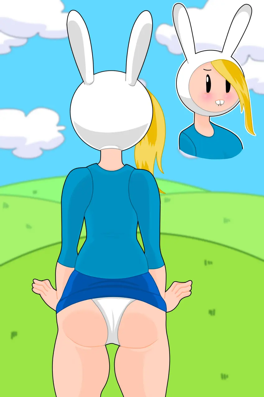 Image panties,ass,hat,biting_lip,embarrassed,blonde_hair,bunny_ears,white_panties,ass_focus,outside,blue_skirt,grass,adventure_time,blue_shirt,white_hat,stinkify,in_public,fionna_the_human_girl
