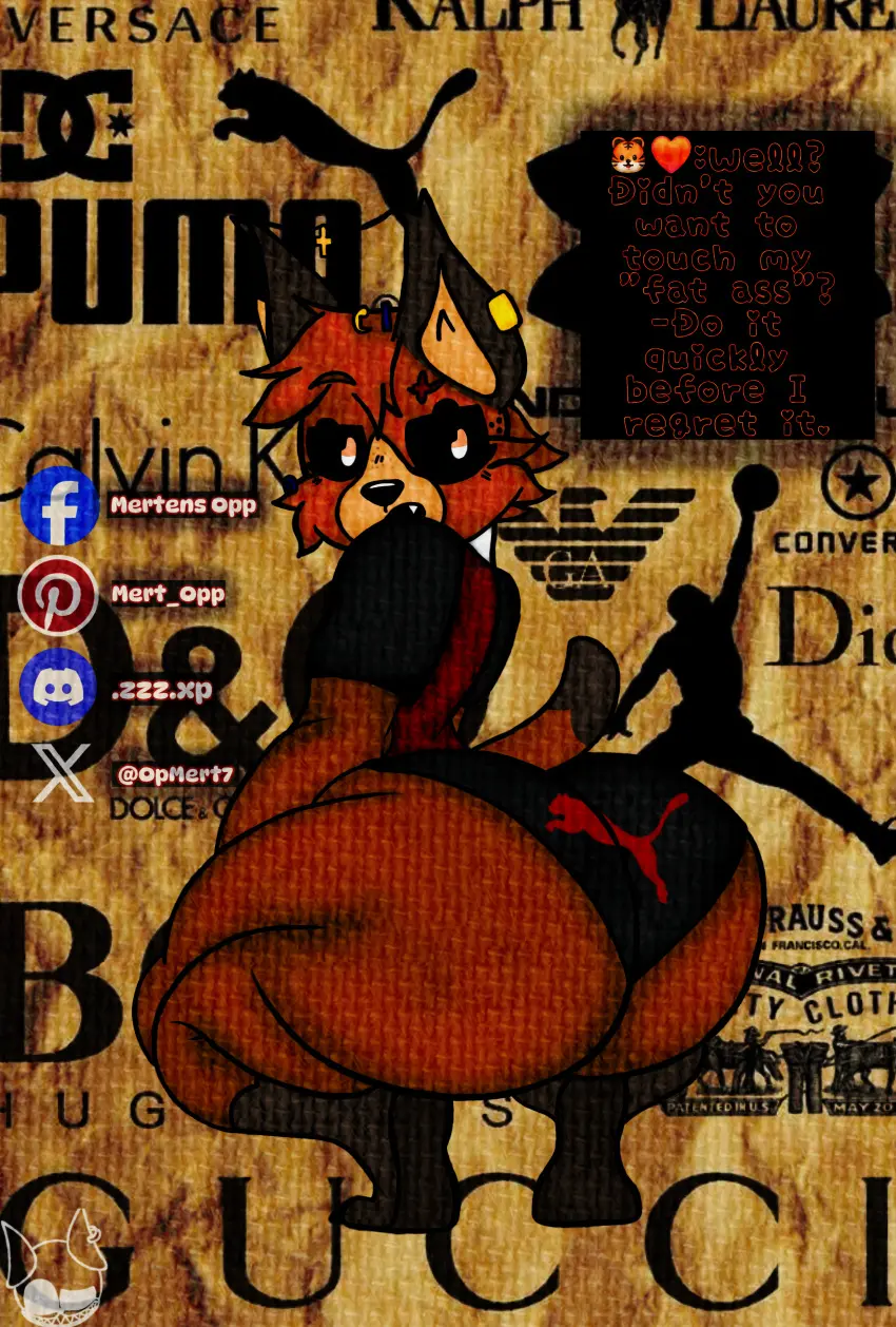 Image solo,male,furry,big_ass,cat_ears,femboy,yellow_background,necklace,black_panties,dialogue,orange_body,edit,furry_only,fanart,logo,no_humans,short_tail,emoji,ring_piercing,big_ass_(male),critters_(poppy_playtime),poppy_playtime,poppy_playtime_(chapter_3),smiling_critters,dogday_(poppy_playtime),red_sweater,lynx_(mertens_opp),mertens_opp_(artist),nike,adidas,gucci,puma,puma_(company)