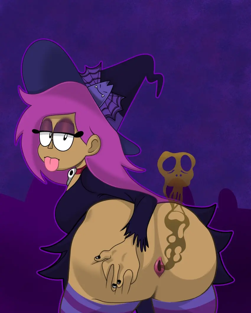 Image long_hair,looking_at_viewer,choker,tongue,ass,big_ass,smelly_ass,anus,stockings,purple_hair,makeup,ass_focus,anus_focus,witch_costume,witch_hat,grabbing_ass,eyeliner,cartoon_network,brown_skin,fart,fart_fetish,witch,stinkify,bored,bored_expression,enid,ok_k.o.!_let's_be_heroes,graveyard,tongue_sticking_out,gravestone