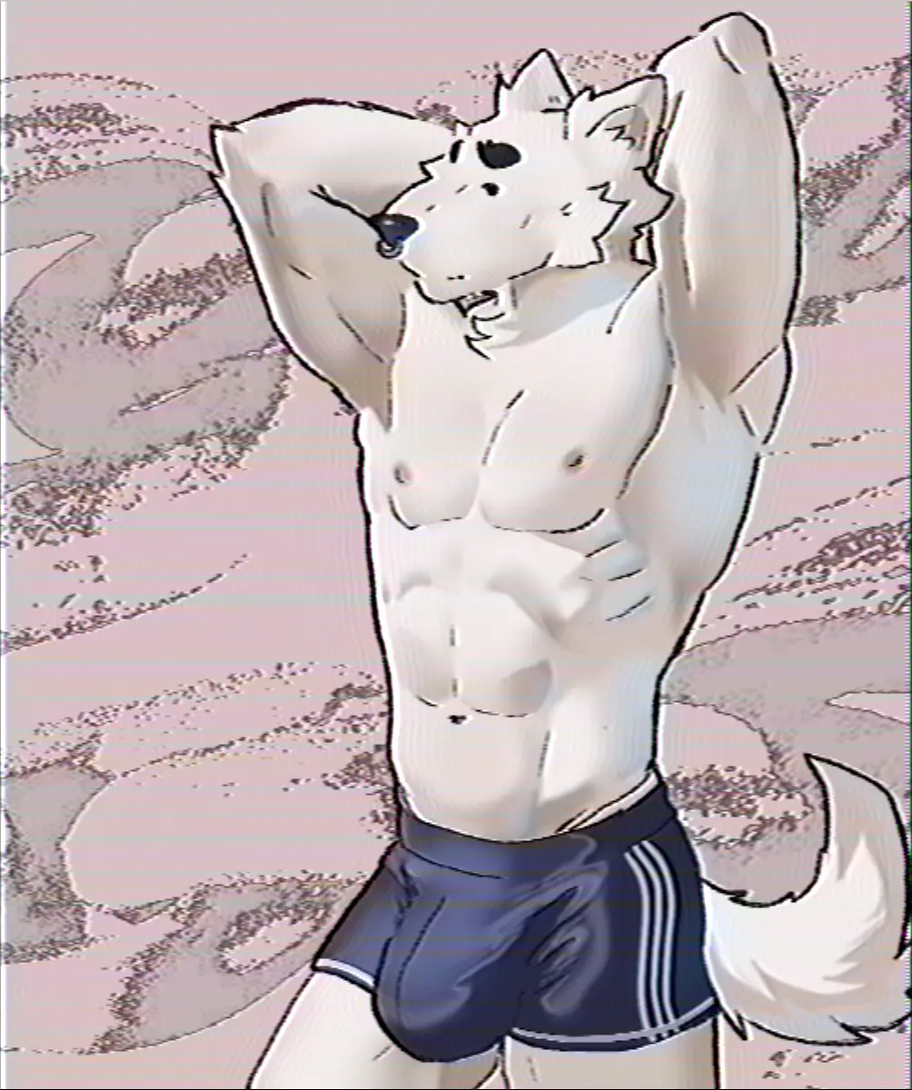 Image clothing,hi_res,nipples,solo,male,athletic,muscular,muscular_male,male_only,eyebrows,anthro,piercing,bulge,canid,canine,fur,mammal,pecs,thick_eyebrows,shorts,white_body,male_focus,hands_behind_back,big_bulge,white_fur,simple_eyes,bottomwear,nose_piercing,facial_piercing,athletic_wear,gym_bottomwear,gym_shorts,septum_piercing,dawson_(lb3),lb3