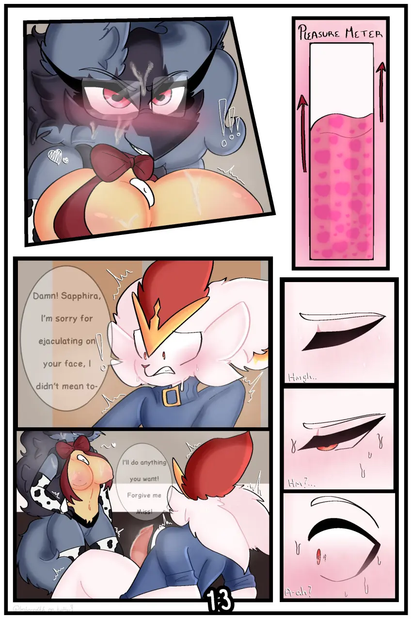 Image blush,clothing,female,hi_res,simple_background,male,pokemon,pokemon_(species),duo,erection,orange_eyes,lingerie,eyewear,glasses,anthro,pink_eyes,absurd_res,nintendo,comic,canid,mammal,black_body,english_text,orange_body,blue_body,white_body,generation_4_pokemon,lagomorph,heart_symbol,spikes,red_body,generation_8_pokemon,page_number,heart_eyes,cinderace,lucario,spikes_(anatomy),pivoted_ears,ears_down,red_bow,page_13,imboredhh,sapphira_(imboredhh),zethan_(blackngth)