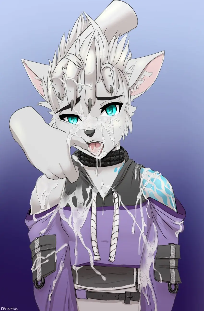 Image clothed,clothing,hi_res,open_mouth,cum,cum_on_face,male,tongue_out,tongue,duo,femboy,male_only,eyebrows,anthro,absurd_res,genital_fluids,bodily_fluids,canid,canine,canis,mammal,wolf,claws,male_focus,fingers,disembodied_hand,vikifox_(artist),jack_wyatt