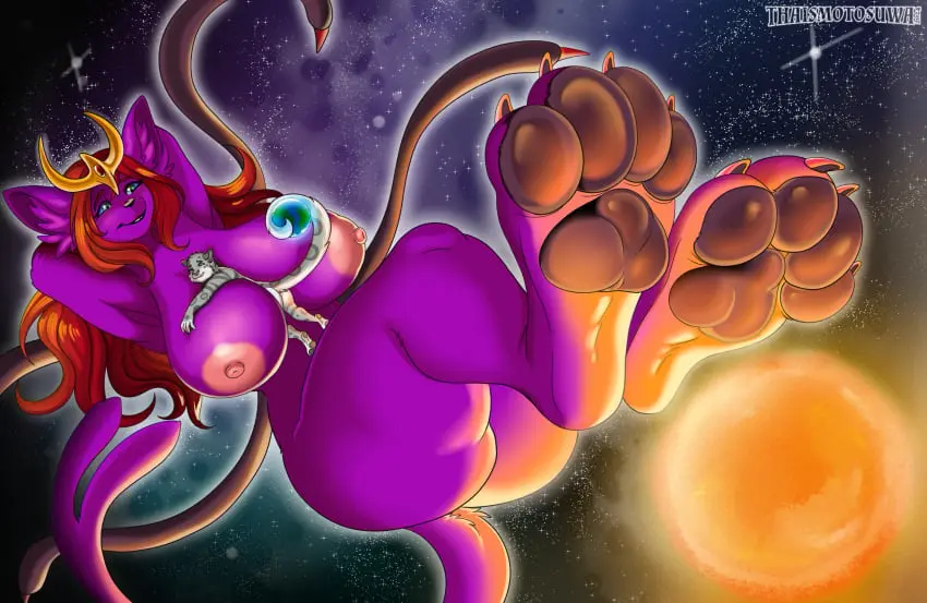 Image breasts,female,hi_res,male,ass,duo,feet,male/female,size_difference,anthro,foot_fetish,deity,absurd_res,mammal,paws,feline,2024,galaxy,planet,space,star,felid,domestic_cat,felis,foot_focus,sun,pawpads,macro,micro,extreme_size_difference,thaismotosuwa