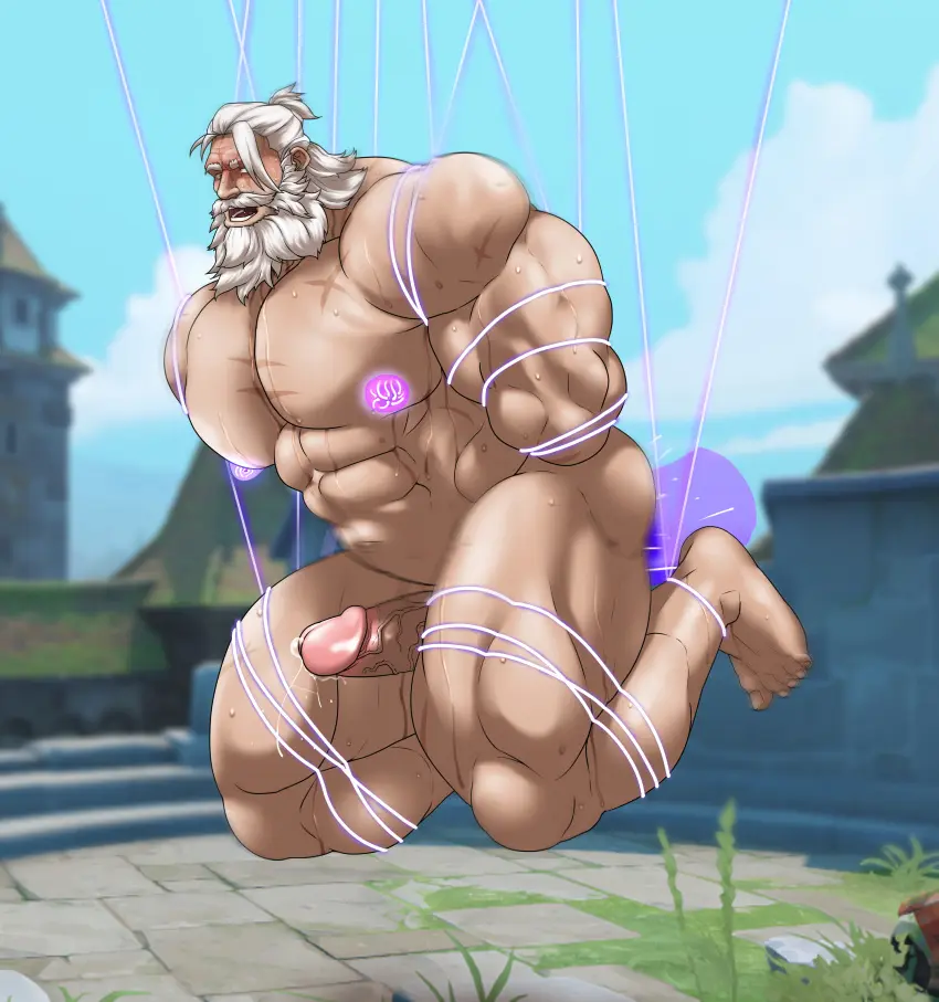 Image solo,male,nude,penis,sweat,erection,muscular,male_only,yaoi,balls,bara,bondage,sweating,solo_male,boner,beard,overwatch,overwatch_2,muscles,facial_hair,hitenmaru,reinhardt