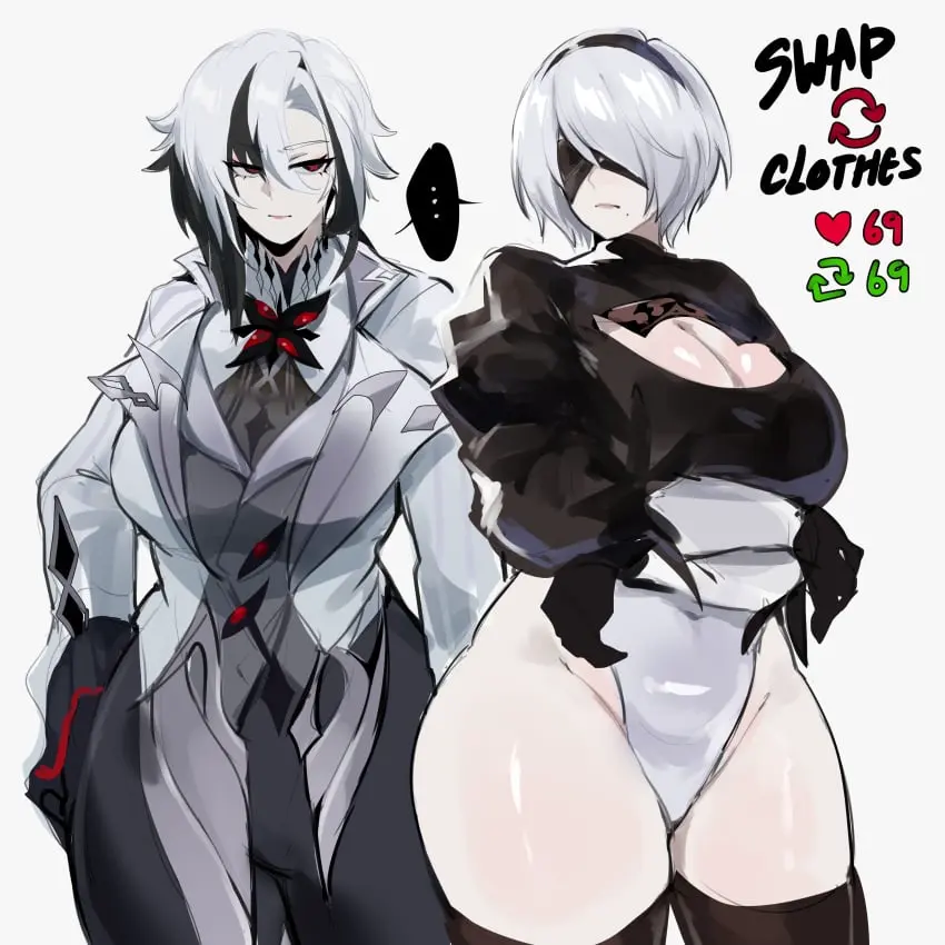 Image breasts,female,female_only,large_breasts,light-skinned_female,light_skin,2girls,thighs,wide_hips,cleavage,genshin_impact,high_resolution,leotard,blindfold,arlecchino_(genshin_impact),nier:_automata,yorha_2b,very_high_resolution,kurenaiz1