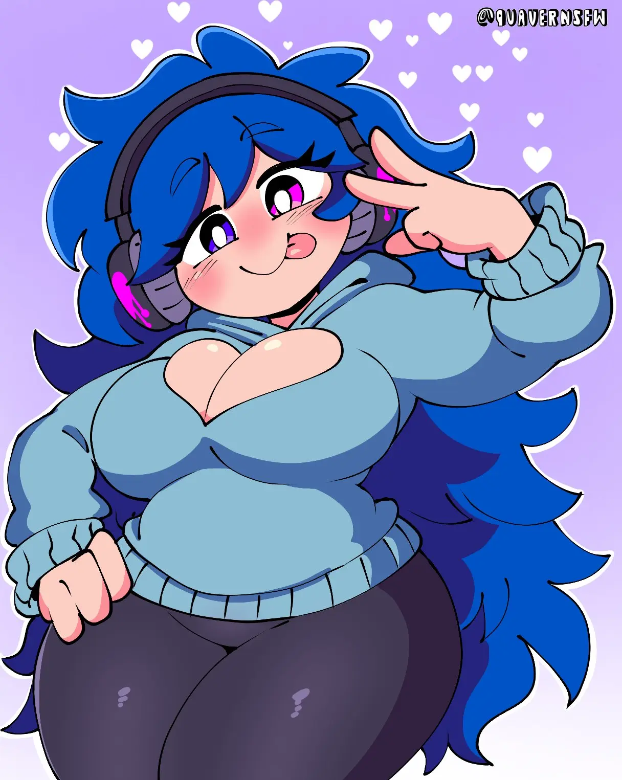 Image 1girls,big_breasts,blush,breasts,female,female_only,blue_hair,tongue_out,tongue,thick_thighs,voluptuous,headphones,tagme,original,heterochromia,heart,oc,comission,sweater,collaboration,quavernsfw