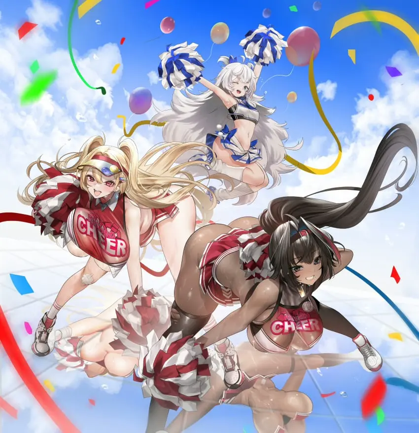 Image blush,breasts,brown_eyes,female,grey_hair,highres,large_breasts,long_hair,looking_at_viewer,open_mouth,red_eyes,smile,solo,very_long_hair,absurdres,blue_eyes,multiple_girls,navel,ass,small_breasts,ponytail,dark_skin,sky,arms_up,bare_shoulders,grin,huge_breasts,blonde_hair,one_eye_closed,brown_hair,dark-skinned_female,outdoors,skirt,bay_(nikke),goddess_of_victory:_nikke,3girls,leaning_forward,blue_sky,day,unaligned_breasts,cheerleader,reflection,pom_pom_(cheerleading),revision,clay_(nikke),confetti,poli_(cheer_up_police)_(nikke),poli_(nikke),teddypocky