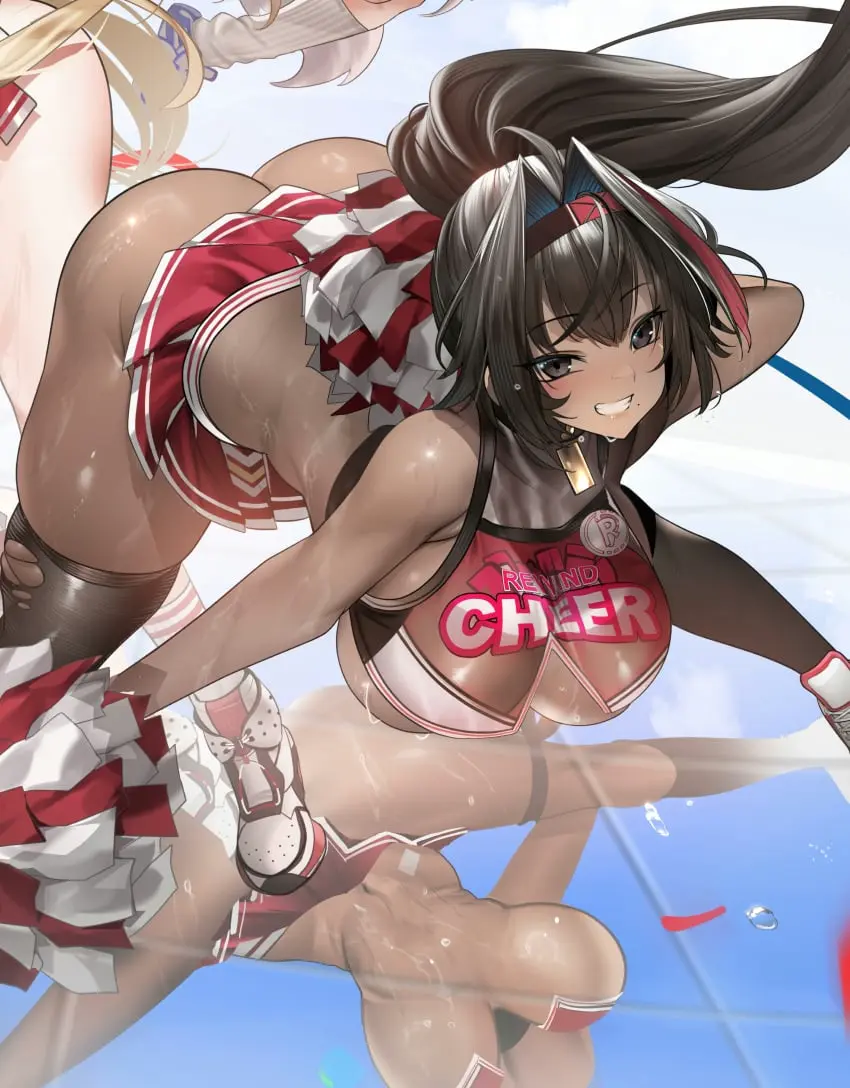 Image blush,breasts,brown_eyes,female,highres,large_breasts,long_hair,looking_at_viewer,smile,absurdres,ass,ponytail,dark_skin,bare_shoulders,grin,solo_focus,underboob,brown_hair,dark-skinned_female,skirt,bay_(nikke),goddess_of_victory:_nikke,leaning_forward,cropped,cheerleader,teddypocky