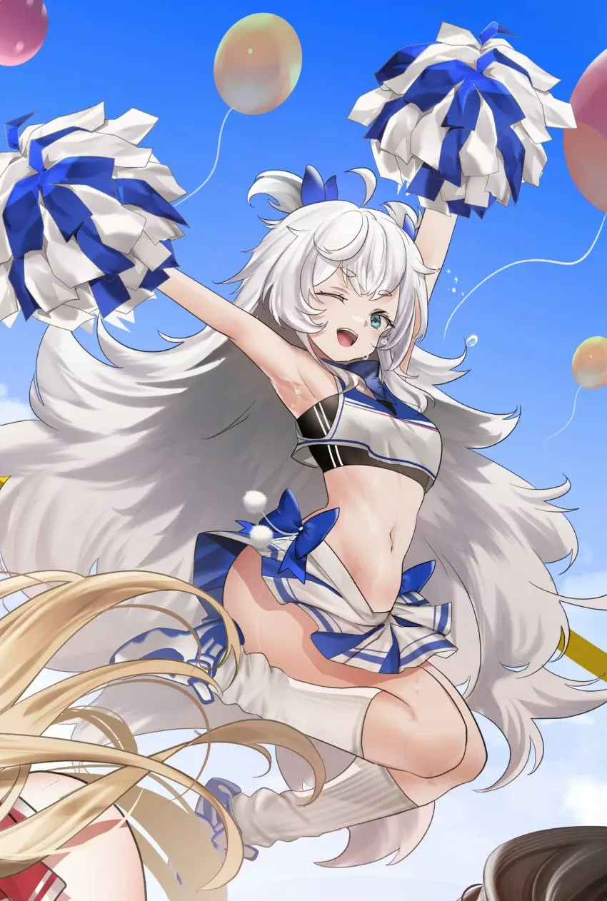 Image blush,breasts,female,grey_hair,highres,long_hair,looking_at_viewer,open_mouth,smile,absurdres,blue_eyes,navel,small_breasts,thick_thighs,wide_hips,arms_up,solo_focus,one_eye_closed,petite,outdoors,skirt,goddess_of_victory:_nikke,huge_thighs,cheerleader,poli_(cheer_up_police)_(nikke),poli_(nikke),teddypocky