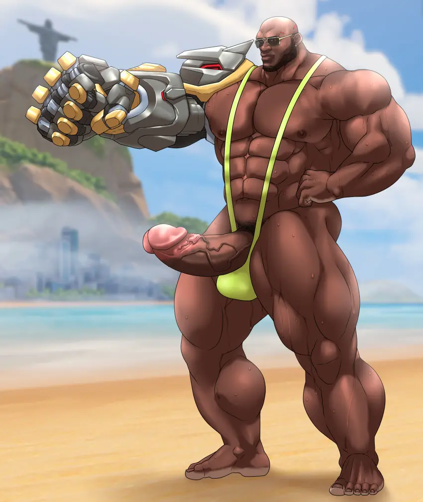 Image solo,male,penis,sweat,big_penis,erection,dark-skinned_male,muscular,male_only,yaoi,balls,bara,sweating,male_focus,solo_male,boner,beard,sunglasses,overwatch,overwatch_2,muscles,facial_hair,banana_hammock,green_mankini,mankini,penis_exposed_on_mankini,doomfist,hitenmaru,lime_mankini