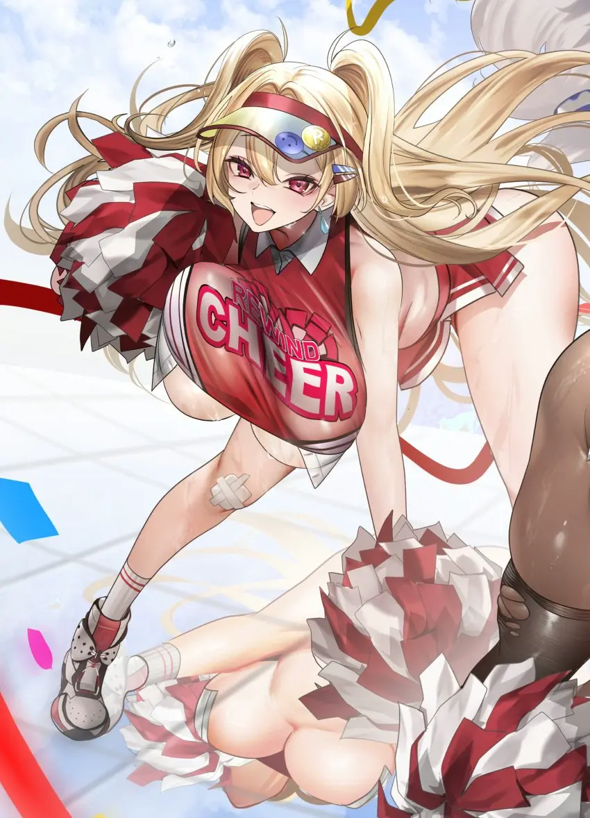 Image blush,breasts,female,highres,long_hair,looking_at_viewer,open_mouth,red_eyes,smile,absurdres,solo_focus,underboob,huge_breasts,blonde_hair,skirt,goddess_of_victory:_nikke,leaning_forward,unaligned_breasts,cheerleader,pom_pom_(cheerleading),clay_(nikke),teddypocky