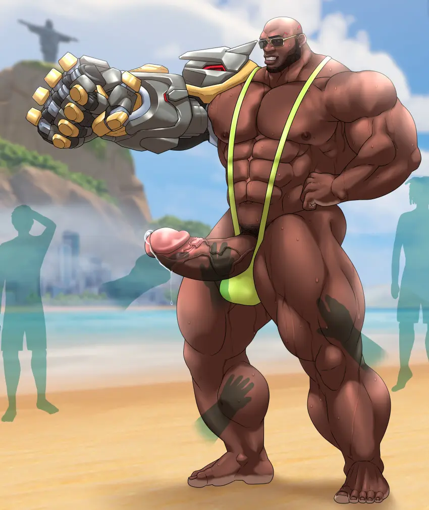 Image male,penis,sweat,big_penis,erection,dark-skinned_male,muscular,male_only,yaoi,balls,bara,precum,sweating,male_focus,disembodied_hands,boner,beard,sunglasses,overwatch,overwatch_2,muscles,facial_hair,banana_hammock,green_mankini,mankini,penis_exposed_on_mankini,doomfist,hitenmaru,lime_mankini