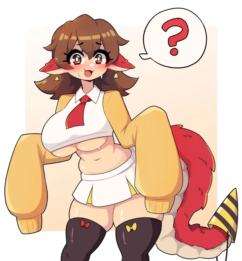 Image 1girls,big_breasts,blush,breasts,brown_eyes,female,female_only,hi_res,long_hair,looking_at_viewer,solo,tail,thighhighs,earrings,thick_thighs,smiling,smiling_at_viewer,underboob,pointy_ears,brown_hair,sweatdrop,skirt,?,speech_bubble,sweater,black_thighhighs,thigh_squish,dragon_girl,dragon_tail,wide_sleeves,borrowed_character,j5daigada,gift_art,dragon_ears