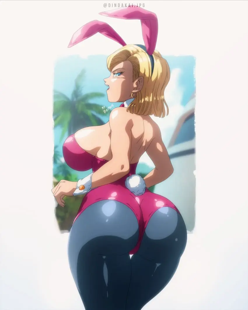 Image 1girls,breasts,female,female_only,large_breasts,looking_at_viewer,solo,blue_eyes,ass,colored,looking_back,color,blonde_hair,android_18,dragon_ball,dragon_ball_z,alternate_version_available,bunny_ears,bunny_tail,bunnysuit,line_art,blonde_female,bob_cut,blonde,dindakai