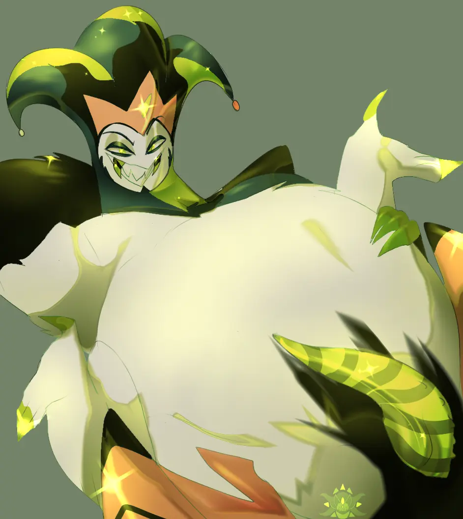 Image male, penis, big_belly, fat_male, helluva_boss, white_fur, crown, long_penis, black_hands, clown_makeup, multi_arm, multi_limb, tentacle_penis, 4_arms, red_claws, white_hands, tentacle_dick, spider_legs, jester_hat, striped_penis, mammon_(helluva_boss), clown_boy, striped_tongue