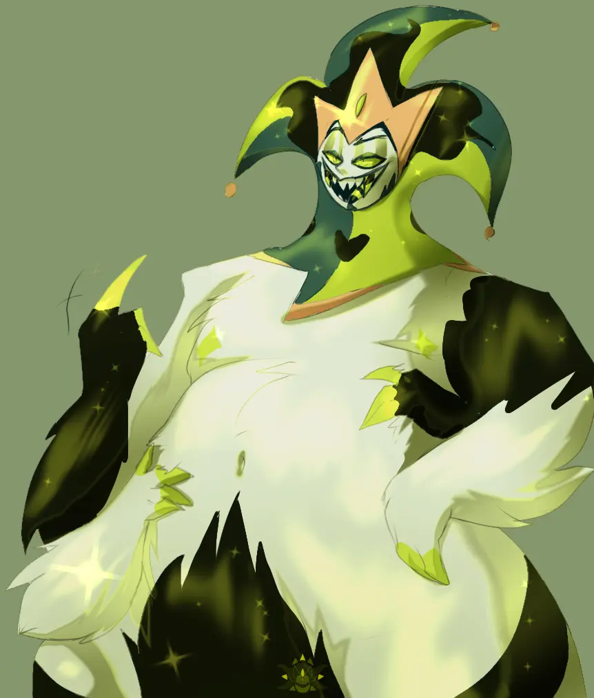 Image male, big_belly, fat_male, helluva_boss, white_fur, crown, black_hands, clown_makeup, multi_arm, multi_limb, 4_arms, red_claws, white_hands, jester_hat, mammon_(helluva_boss), clown_boy, striped_tongue