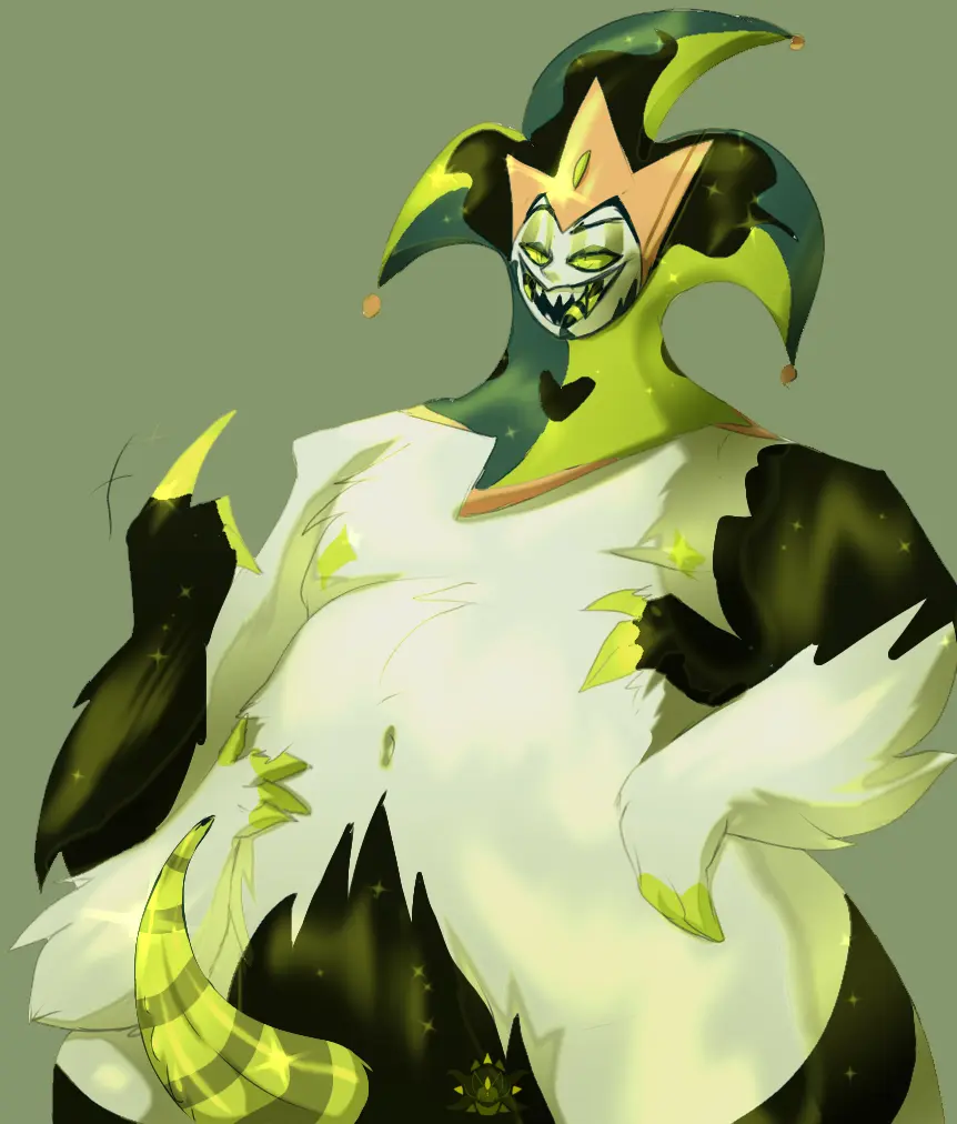 Image male,penis,big_belly,fat_male,helluva_boss,white_fur,crown,long_penis,black_hands,clown_makeup,multi_arm,multi_limb,tentacle_penis,4_arms,red_claws,white_hands,tentacle_dick,spider_legs,jester_hat,striped_penis,mammon_(helluva_boss),clown_boy,striped_tongue