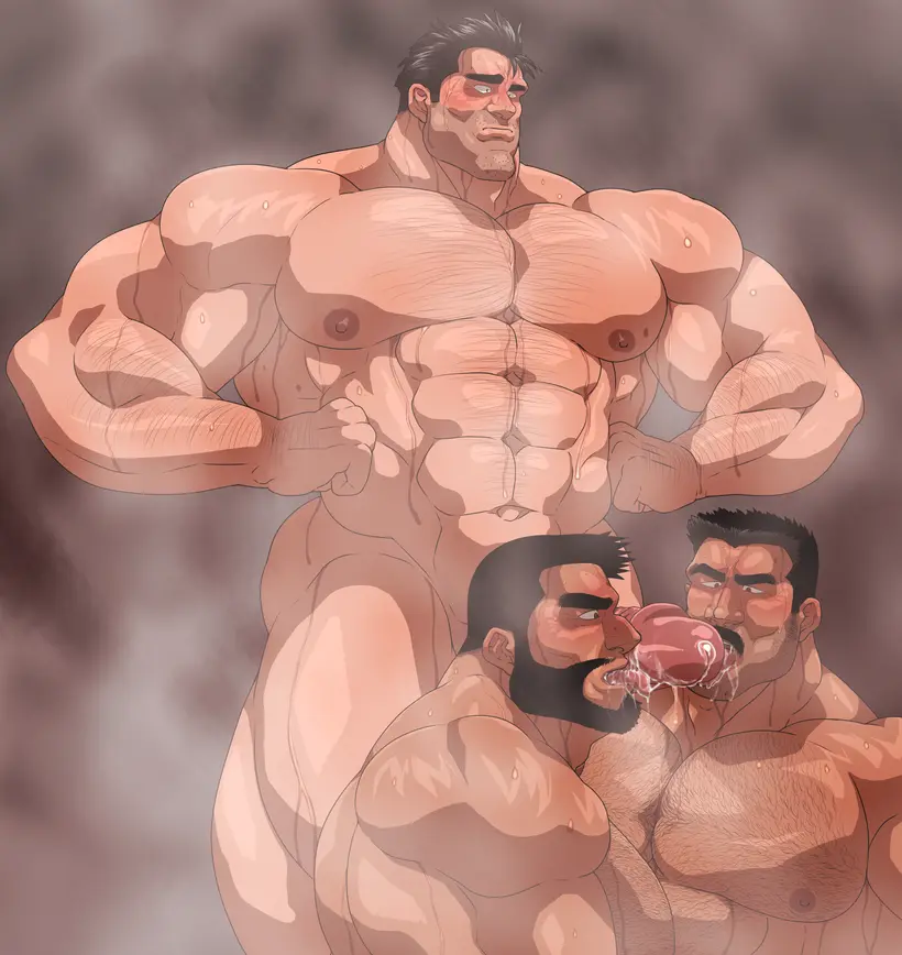 Image licking_penis,male,nude,penis,sweat,erection,muscular,male_only,yaoi,balls,gay,bara,sweating,boner,beard,muscles,facial_hair,moustache,musk,hitenmaru