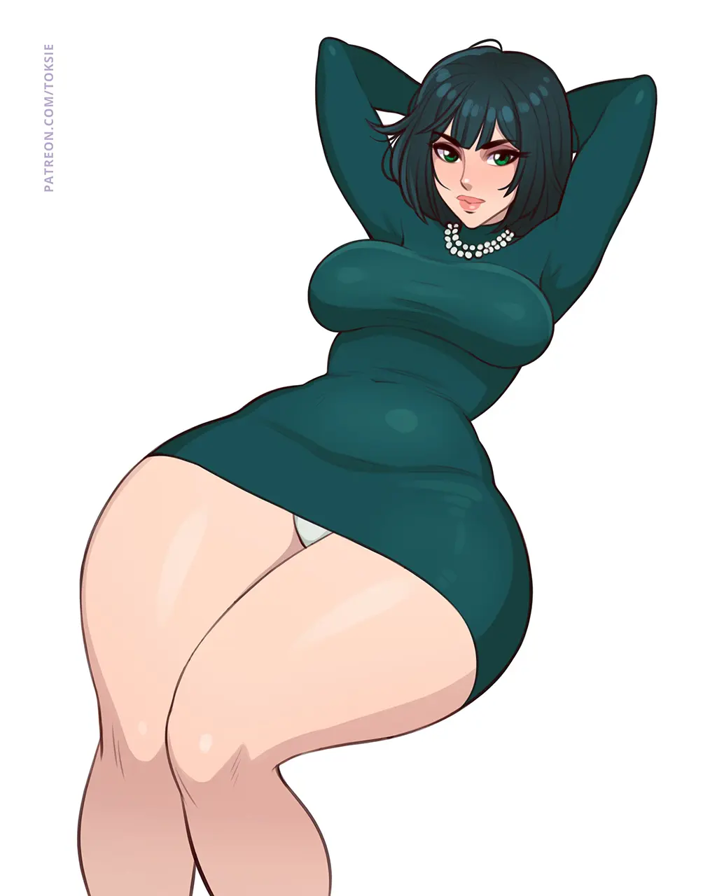 Image 1girls,big_breasts,breasts,clothing,female,female_only,solo,short_hair,thick_thighs,thighs,wide_hips,hips,solo_female,huge_breasts,dress,lips,necklace,green_hair,neckwear,one-punch_man,fubuki_(one-punch_man),pearl_necklace,green_dress,toksie