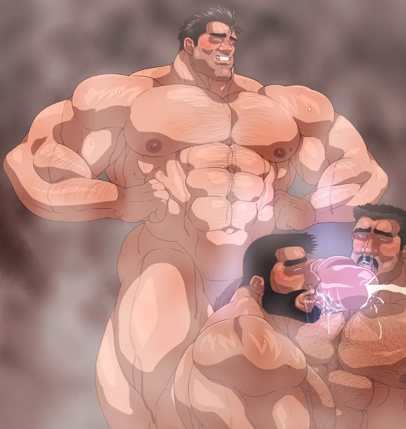 Image cum,licking_penis,male,nude,penis,sweat,big_penis,erection,muscular,male_only,yaoi,balls,gay,bara,orgasm,sweating,boner,beard,muscles,facial_hair,penis_growth,moustache,musk,hitenmaru