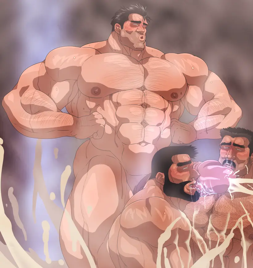 Image cum,licking_penis,male,nude,penis,sweat,big_penis,erection,muscular,male_only,yaoi,balls,gay,bara,orgasm,sweating,boner,beard,muscles,facial_hair,penis_growth,moustache,musk,hitenmaru