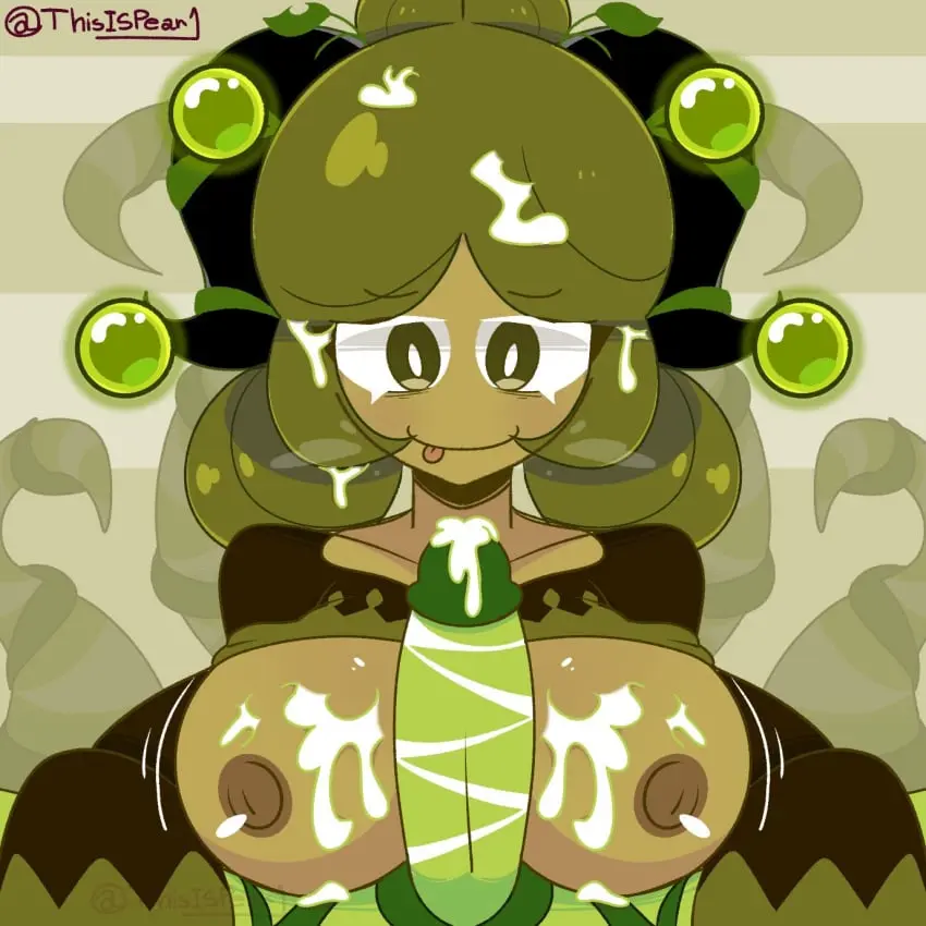 Image breasts,female,penis,tongue_out,horns,green_eyes,cum_on_breasts,green_hair,looking_at_penis,partially_clothed,cum_on_hair,green_penis,cookie_run,cookie_run_kingdom,frostone,matcha_cookie