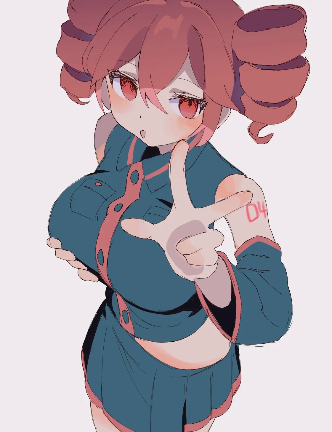Image 1girls,breasts,female,female_only,large_breasts,open_mouth,red_eyes,simple_background,smile,solo,white_background,red_hair,solo_female,detached_sleeves,hair_between_eyes,sleeveless_shirt,pleated_skirt,arm_tattoo,twin_drills,grabbing_own_breast,v,peace_sign,drill_hair,grey_shirt,buttons,grey_skirt,breasts_focus,number_tattoo,kasane_teto,utau,red_trim,grey_sleeves,triangle_mouth,ur_(ur_o_)