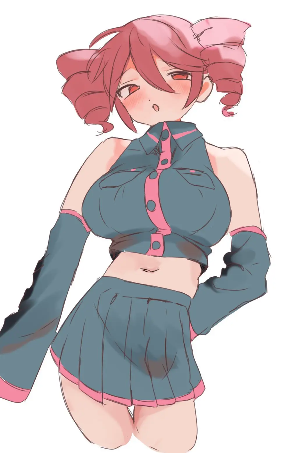 Image 1girls,breasts,female,large_breasts,open_mouth,red_eyes,simple_background,solo,white_background,navel,sidelocks,red_hair,thighs,midriff,detached_sleeves,hair_between_eyes,sleeveless,sleeveless_shirt,pleated_skirt,:o,cropped_legs,twin_drills,suggestive_look,drill_hair,grey_shirt,buttons,grey_skirt,pink_trim,breasts_focus,kasane_teto,utau,red_trim,grey_sleeves,ur_(ur_o_)