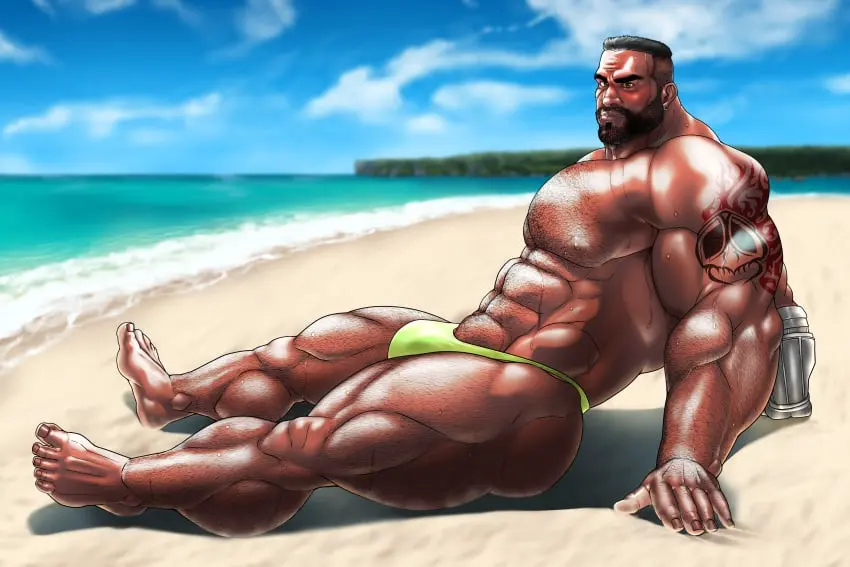 Image solo,male,penis,sweat,muscular,male_only,yaoi,balls,sitting,bara,bulge,flaccid,final_fantasy,final_fantasy_vii,thong,sweating,solo_male,beard,muscles,facial_hair,barret_wallace,dark_male_only,hitenmaru