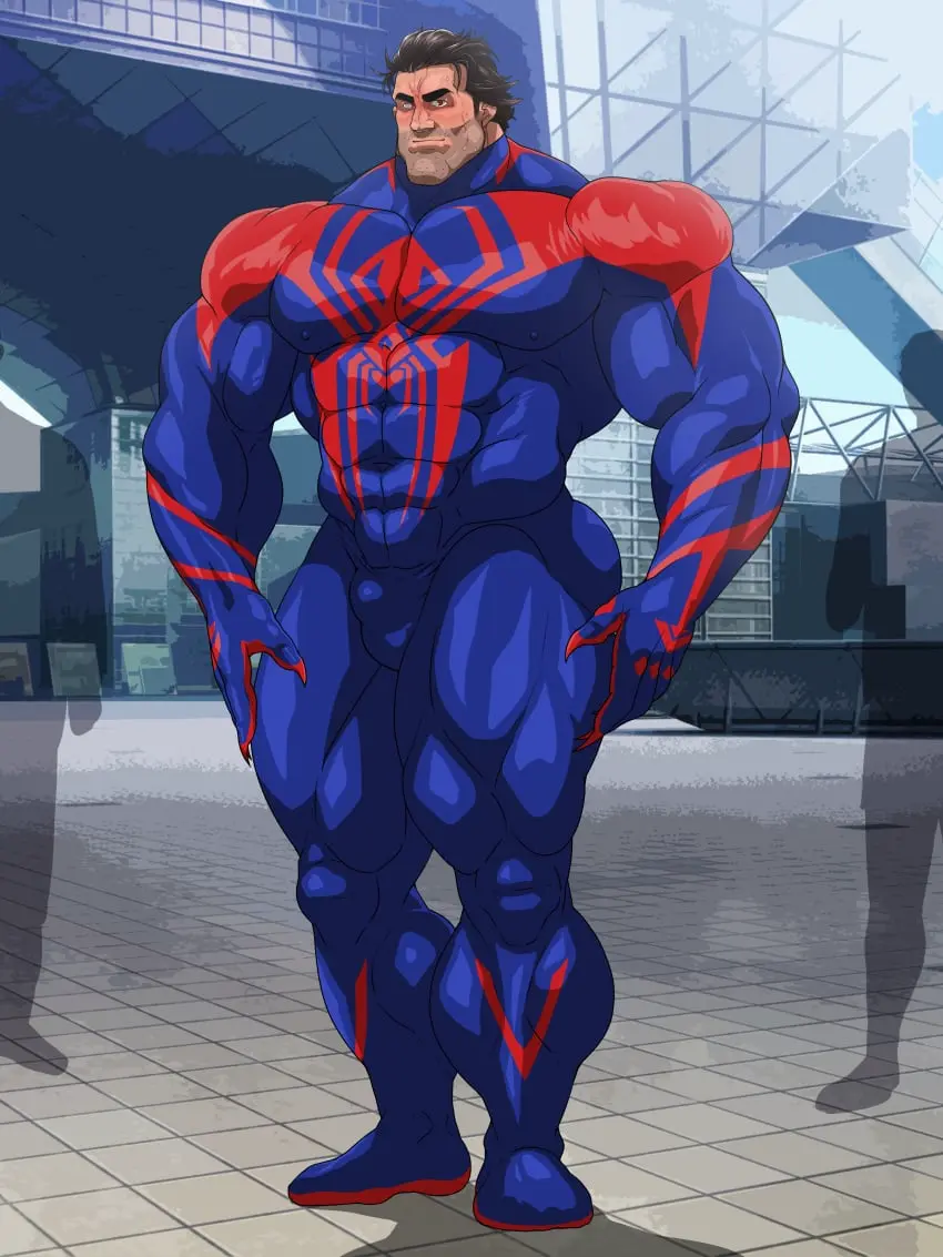 Image male,penis,muscular,male_only,yaoi,balls,bara,bulge,flaccid,muscles,marvel,marvel_comics,costume,spider-man_(series),miguel_o'hara,hitenmaru,spider-man_2099