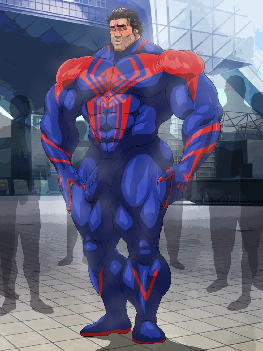 Image male,penis,muscular,male_only,yaoi,balls,bara,flaccid,muscles,marvel,marvel_comics,costume,spider-man_(series),musk,penis_under_clothes,miguel_o'hara,hitenmaru,spider-man_2099