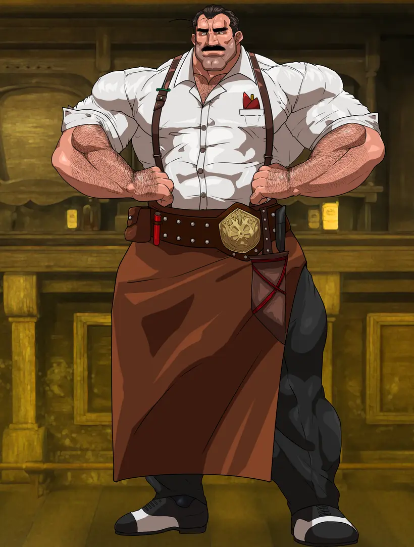 Image clothing,solo,male,penis,muscular,male_only,yaoi,balls,bara,apron,solo_male,fully_clothed,muscles,hitenmaru