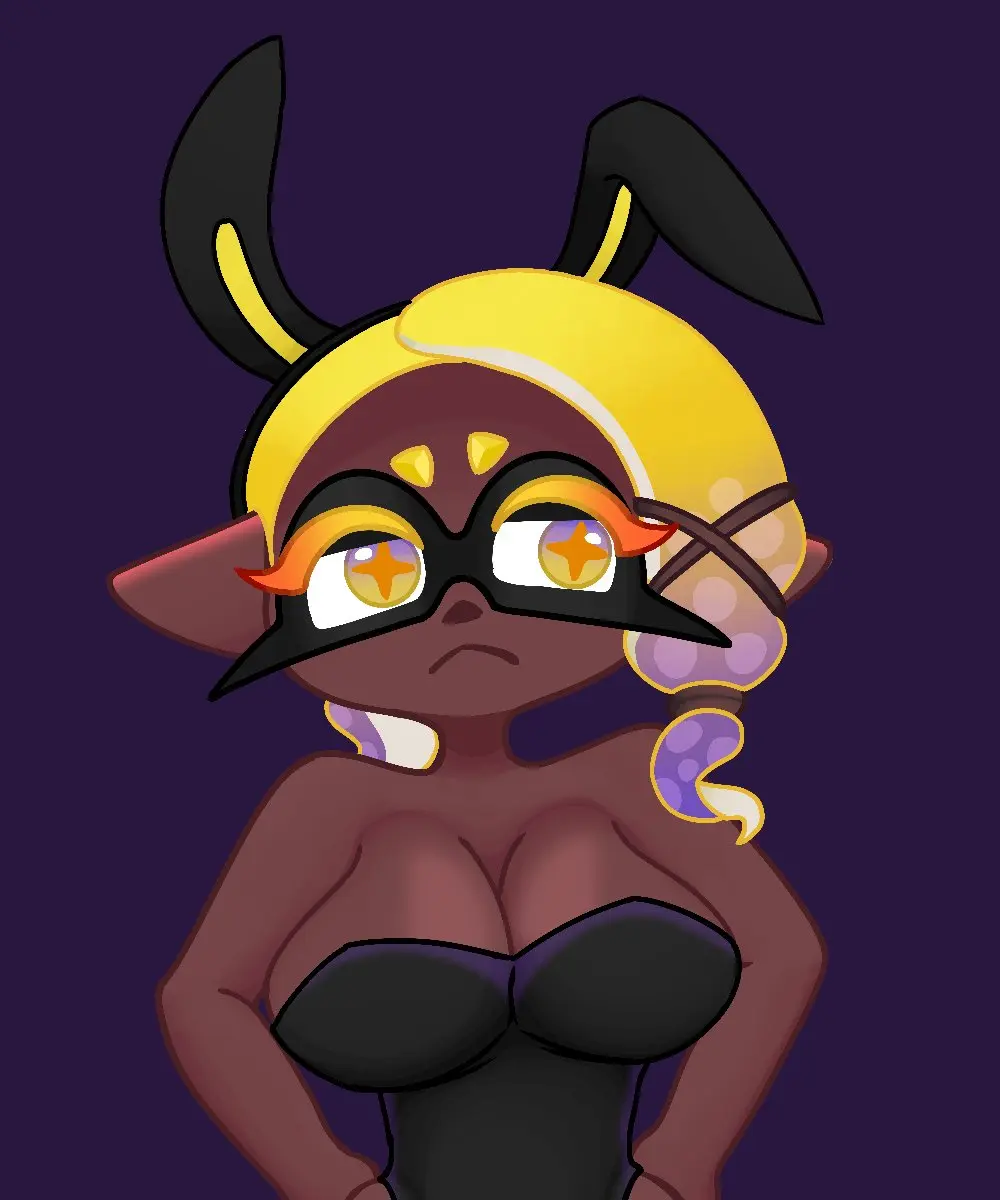 Image 1girls,big_breasts,breasts,female,large_breasts,yellow_eyes,dark_skin,2d,tagme,pointy_ears,bunny_ears,rabbit_ears,dark-skinned_female,nintendo,tentacle,2d_(artwork),bunnysuit,marine,splatoon,splatoon_(series),splatoon_3,tentacle_hair,yellow_hair,2d_artwork,long_ears,inkling,inkling_girl,marine_humanoid,mollusk_humanoid,frye_(splatoon),frye_onaga,glitchy_eel