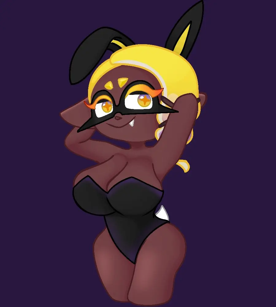 Image 1girls,big_breasts,breasts,female,large_breasts,yellow_eyes,big_ass,big_butt,dark_skin,wide_hips,2d,tagme,pointy_ears,bunny_ears,rabbit_ears,dark-skinned_female,nintendo,tentacle,fangs,2d_(artwork),big_thighs,bunnysuit,marine,splatoon,splatoon_(series),splatoon_3,tentacle_hair,large_ass,yellow_hair,2d_artwork,long_ears,inkling,inkling_girl,marine_humanoid,mollusk_humanoid,frye_(splatoon),frye_onaga,glitchy_eel