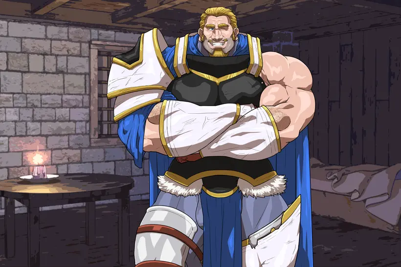 Image solo,male,penis,muscular,male_only,yaoi,balls,bara,solo_male,fully_clothed,crossed_arms,muscles,armor,facial_hair,hitenmaru