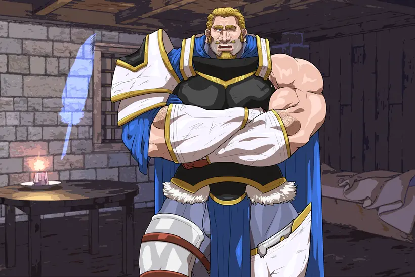 Image solo,male,penis,muscular,male_only,yaoi,balls,bara,solo_male,fully_clothed,crossed_arms,muscles,armor,facial_hair,hitenmaru