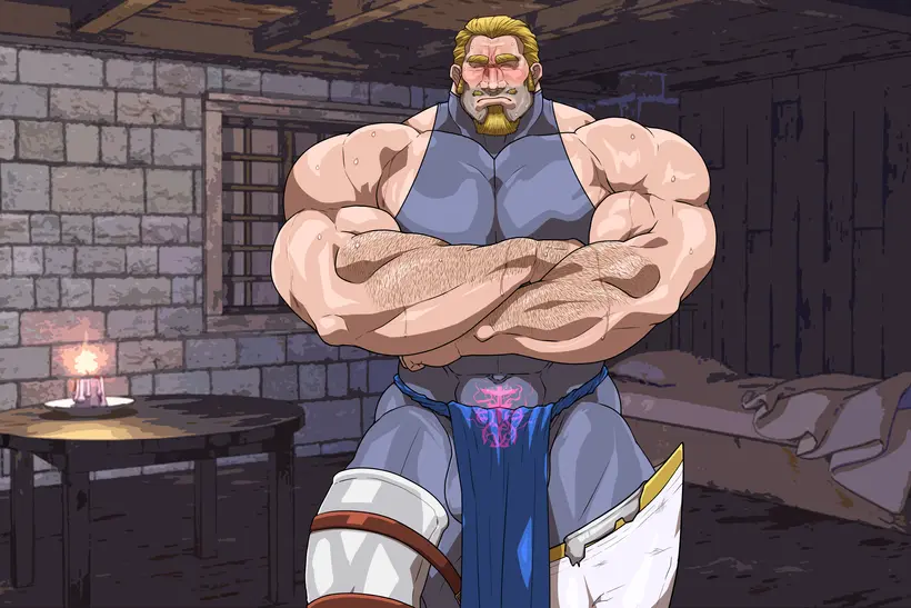 Image solo,male,penis,sweat,muscular,male_only,yaoi,balls,bara,sweating,solo_male,crossed_arms,muscles,facial_hair,loincloth,hitenmaru