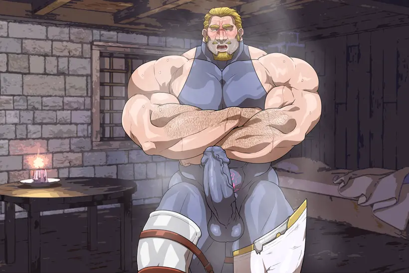 Image solo,male,penis,sweat,erection,muscular,male_only,yaoi,balls,bara,erection_under_clothes,sweating,solo_male,crossed_arms,boner,muscles,facial_hair,musk,hitenmaru