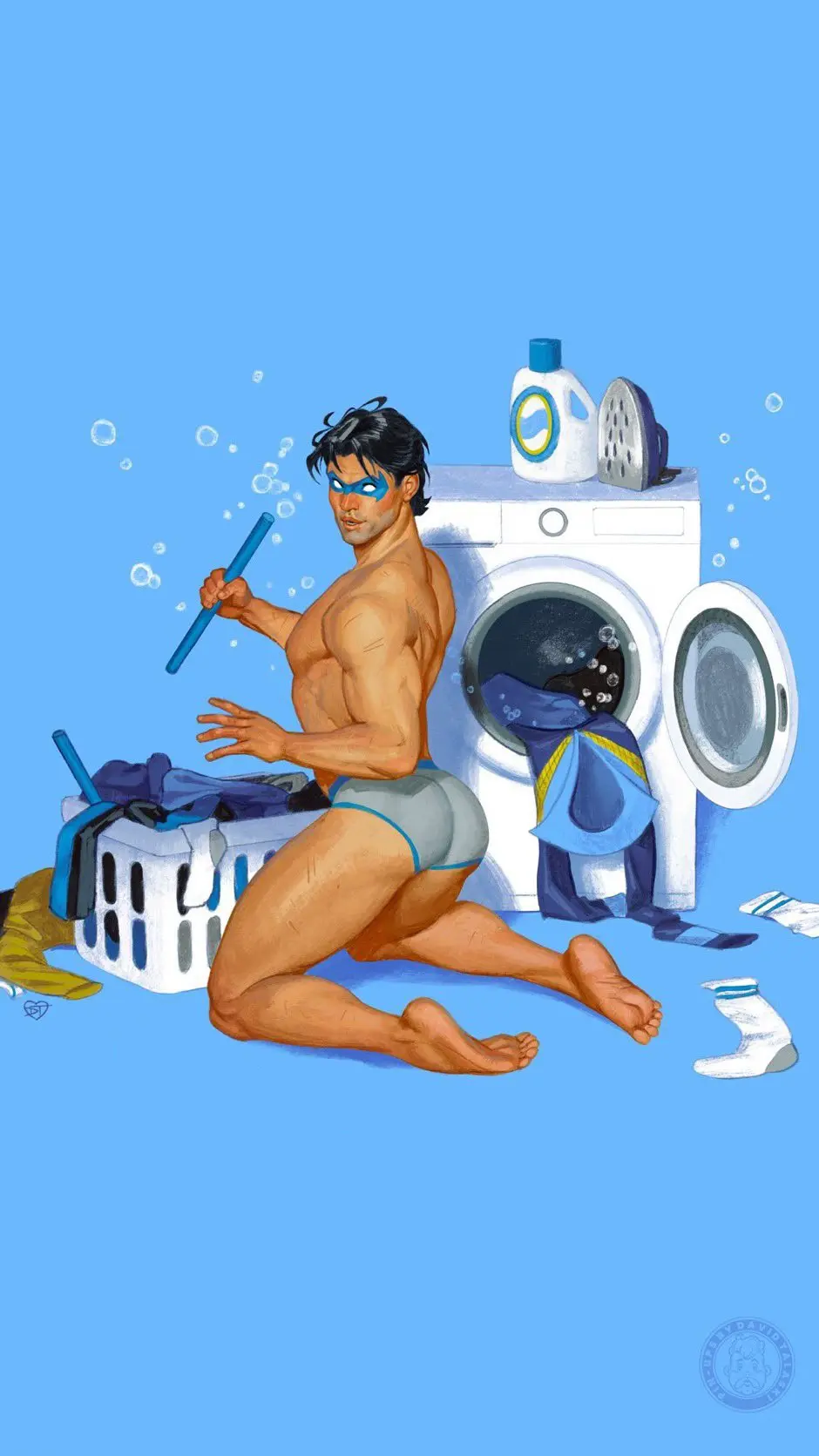 Image human,human_only,light_skin,looking_at_viewer,nipples,simple_background,smile,solo,1boy,black_hair,male,underwear,ass,big_ass,big_butt,blue_background,bubble_ass,bubble_butt,looking_back,thick_thighs,muscular,muscular_male,feet,male_only,yaoi,solo_focus,light-skinned_male,socks,back,bara,underwear_only,holding_object,pecs,batman_(series),dc,dc_comics,back_view,male_focus,solo_male,scars,pectorals,muscles,mask,briefs,muscular_thighs,beard_stubble,dick_grayson,nightwing,back_muscles,clothes_removed,washing_machine,white_socks,blue_underwear,masked_male,scars_all_over,masked,bubbles,briefs_only,blue_mask,removed_clothing,laundry,blue_briefs,david_talaski,laundry_basket,washing_clothes